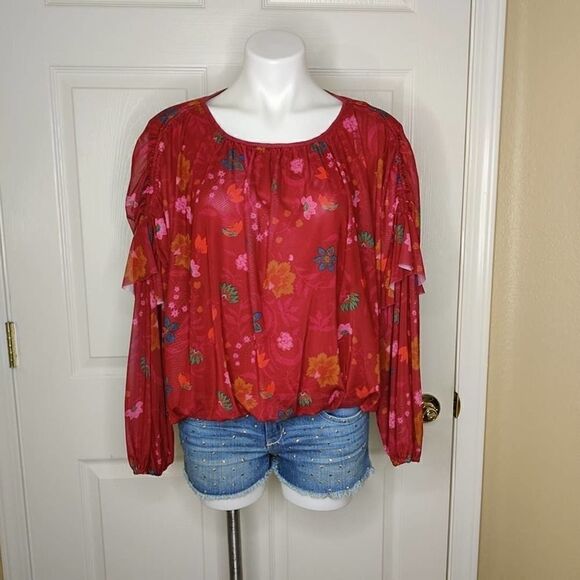 Free People Wildflower Honey Floral Stretch Mesh Blouson Ruffle Top S - Picture 8 of 13